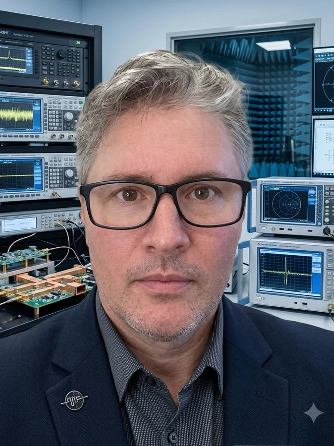 Retrato profissional de Geraldo César Simão em laboratório de RF